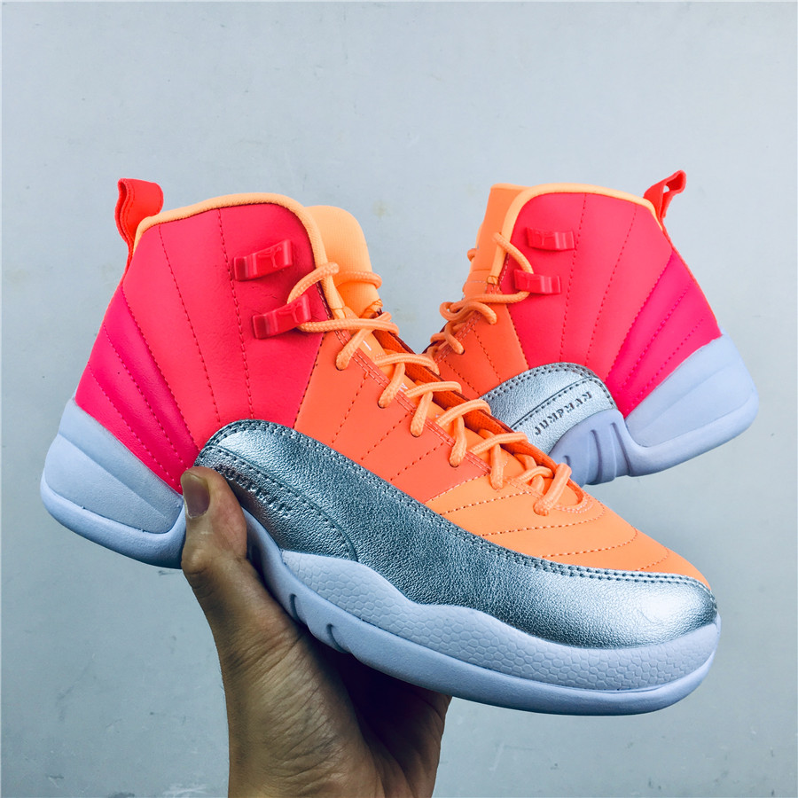 2019 Women Air Jordan 12 GS Hot Punch Orange Pink Silver Shoes_01